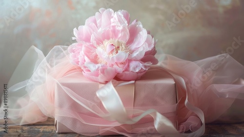 Peony gift box with decorative tulle and ribbons