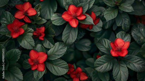 Wallpaper Mural Vibrant red flowers blooming amidst lush green foliage in springtime garden Torontodigital.ca