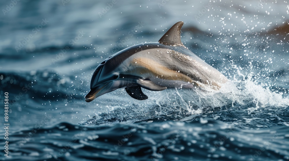 Fototapeta premium Striped dolphin leaping from ocean waves at sunrise