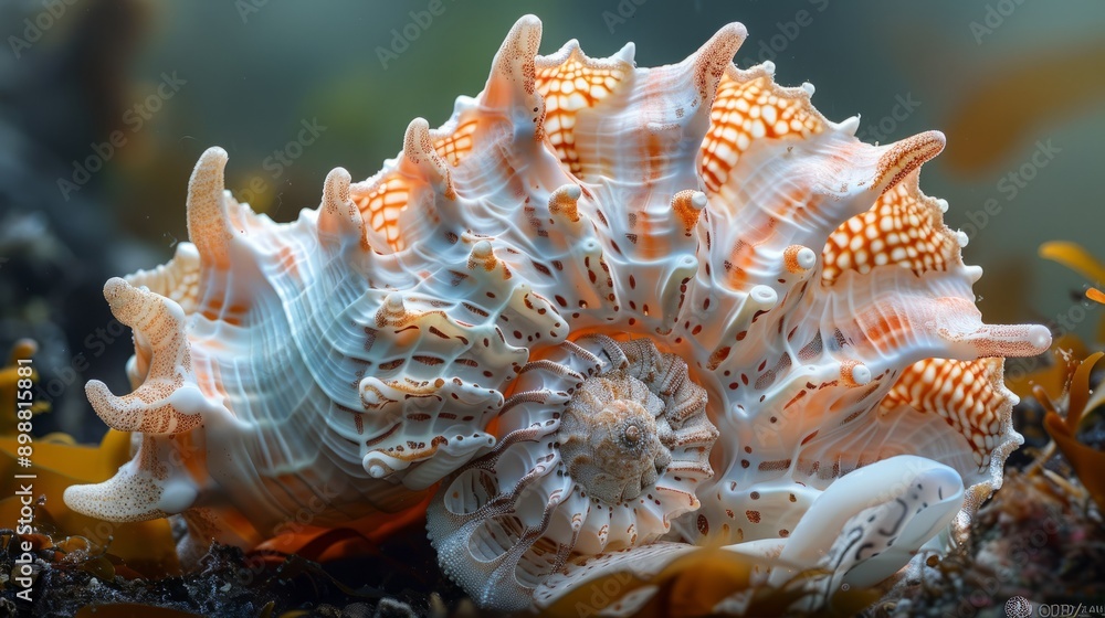 Turban seashell resting on rocky ocean floor surrounded by colorful marine life Turban seashell resting on rocky ocean floor surrounded by colorful marine life