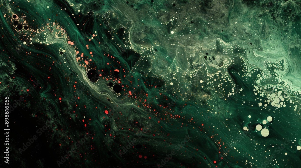 Captivating and dynamic composition featuring green and red swirls and bubbles in an abstract painting Captivating and dynamic composition featuring green and red swirls and bubbles in an abstract painting