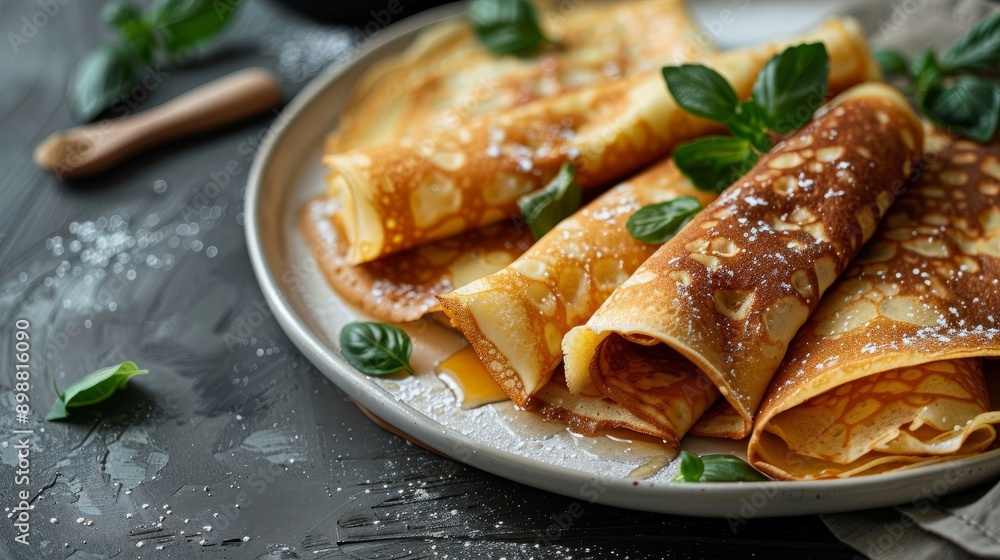 Delicious crepes filled rolls on a white dish with fresh basil Delicious crepes filled rolls on a white dish with fresh basil