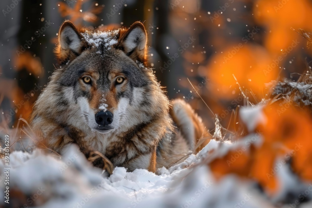 Fototapeta premium A wolf is laying in the snow with its head up, looking at the camera
