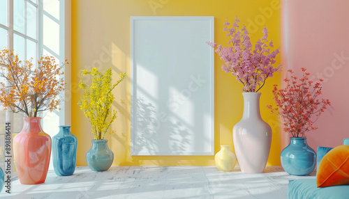 colorful vases with emptyblank frame photo