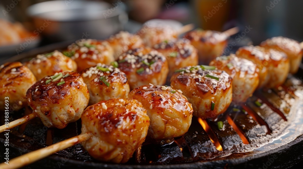 Korea's popular skewered fish cakes being grilled on a street food stall Korea's popular skewered fish cakes being grilled on a street food stall