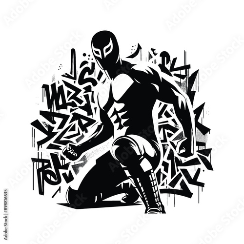 Wrestling  male player in graffiti tags, street art pattern illustration, emblem shield badge male player in graffiti tags, street art pattern illustration, emblem shield badge