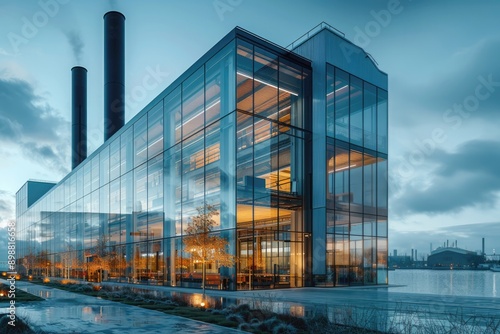 A large glass building with a lot of windows and a tall chimney