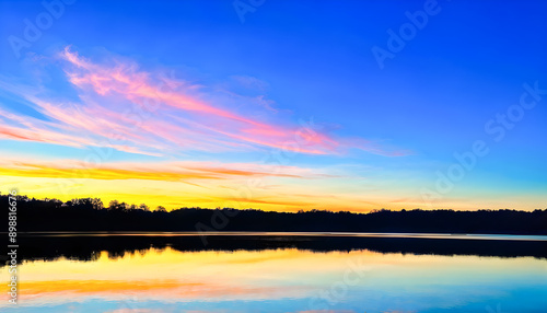 Serene Autumn River Lake Nature Landscape at Sunset with Golden Hues Reflecting in the Water and Crisp Cool Air