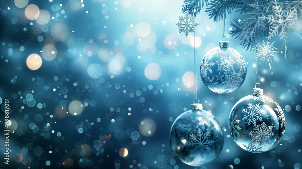 Abstract Christmas background, hanging snowflakes, glass balls and Christmas tree Abstract Christmas background, hanging snowflakes, glass balls and Christmas tree