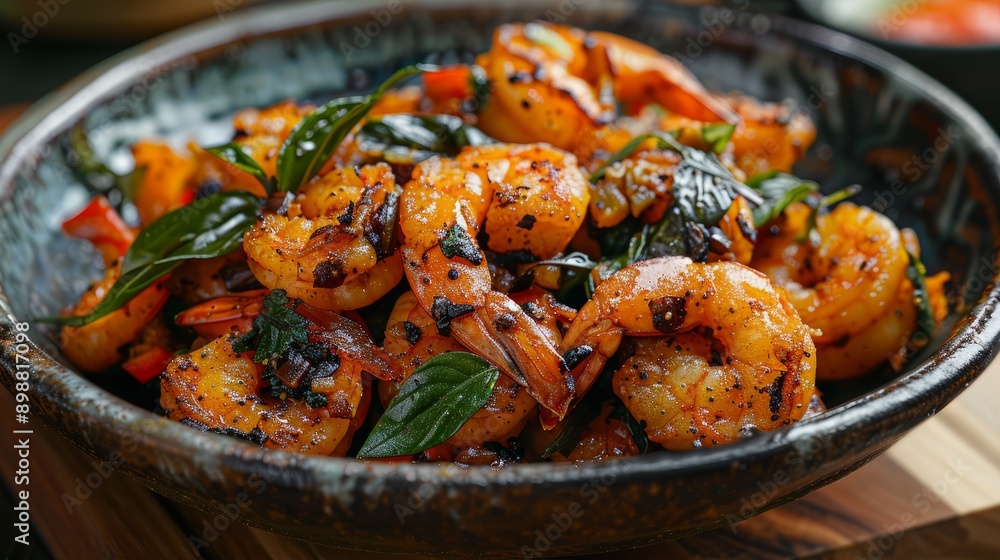 Fried shrimp with salted egg and curry leaves served in a rustic bowl Fried shrimp with salted egg and curry leaves served in a rustic bowl
