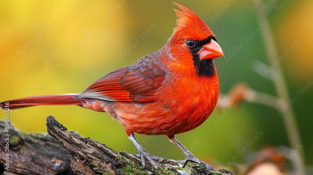 Male cardinal bird perched on a log amidst colorful autumn foliage Male cardinal bird perched on a log amidst colorful autumn foliage