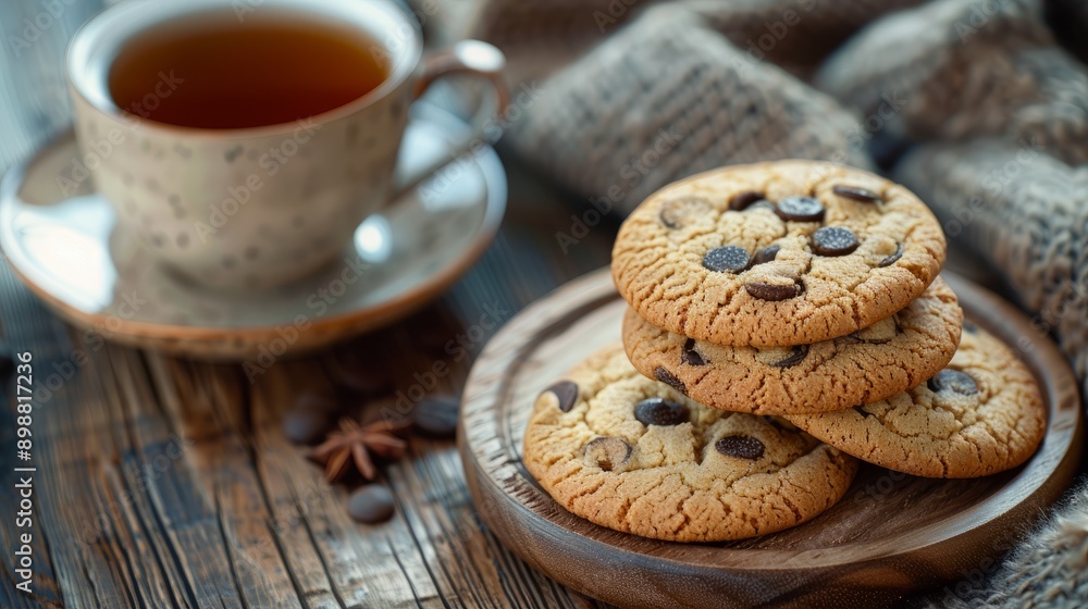 Cookies and tea on a wooden table during afternoon relaxation Cookies and tea on a wooden table during afternoon relaxation
