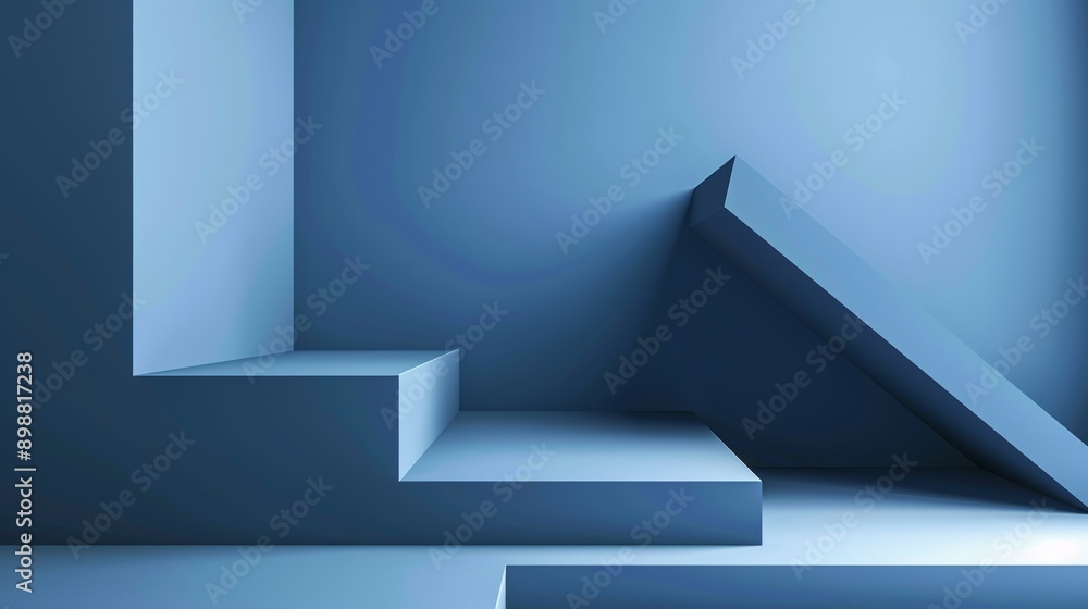 Spacious blue room with a pedestal and a tilted cuboid, ideal for product displays Spacious blue room with a pedestal and a tilted cuboid, ideal for product displays