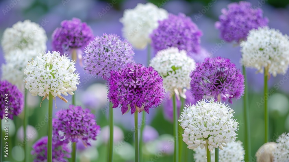 Giant allium flowers blooming in white and purple at the garden Giant allium flowers blooming in white and purple at the garden