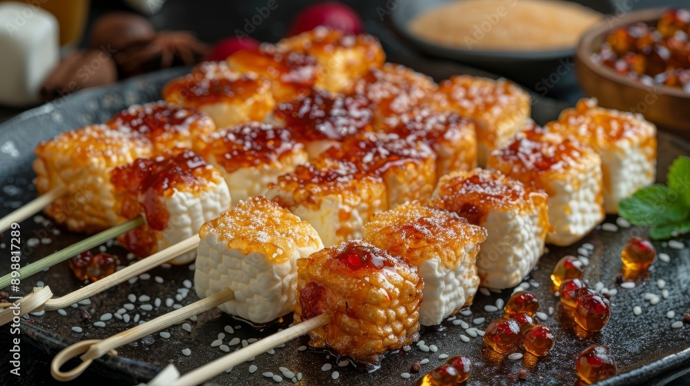 Marshmallow skewers topped with marmalade on a black serving platter Marshmallow skewers topped with marmalade on a black serving platter