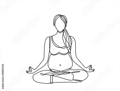 Continuous one line drawing of Pregnant woman sitting in lotus position. Continuous line drawing of pregnancy, motherhood, fitness, preparation for childbirth, yoga for pregnant women.