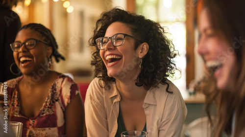 Mulheres socializando e rindo em uma reunião, capturando um momento de alegria e conexão em um ambiente acolhedor e amigável. © vitor