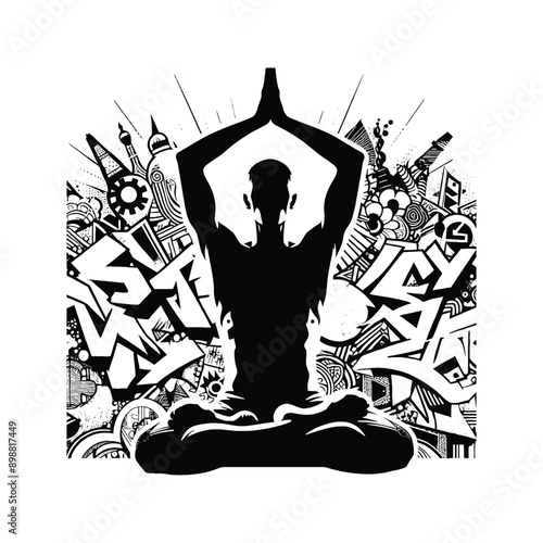 Meditation, yoga male player in graffiti tags, street art pattern illustration, emblem shield badge