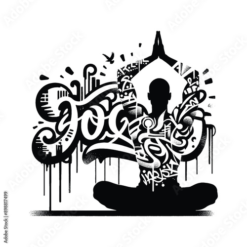 Meditation, yoga male player in graffiti tags, street art pattern illustration, emblem shield badge
