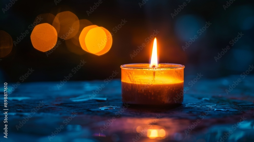 Lit candle on a table with bokeh lights in background Concept warmth ambiance digital art. Lit candle on a table with bokeh lights in background Concept warmth ambiance digital art.