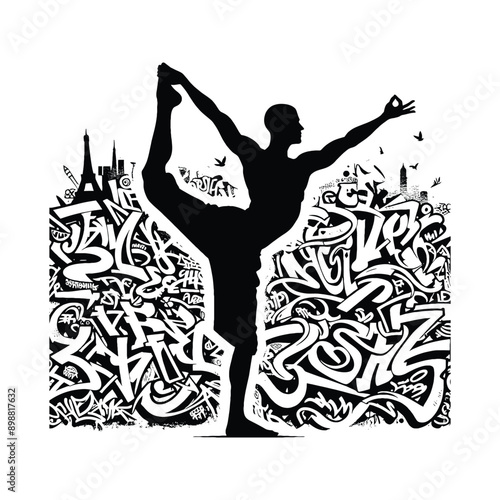 Meditation, yoga male player in graffiti tags, street art pattern illustration, emblem shield badge