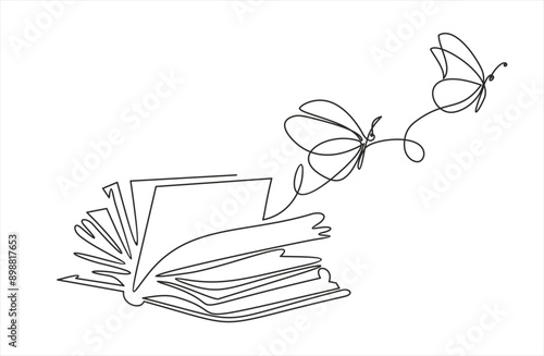 Flying book one line drawing with butterfly. Continuous hand drawn contour vector. Illustration of Creative and freedom.