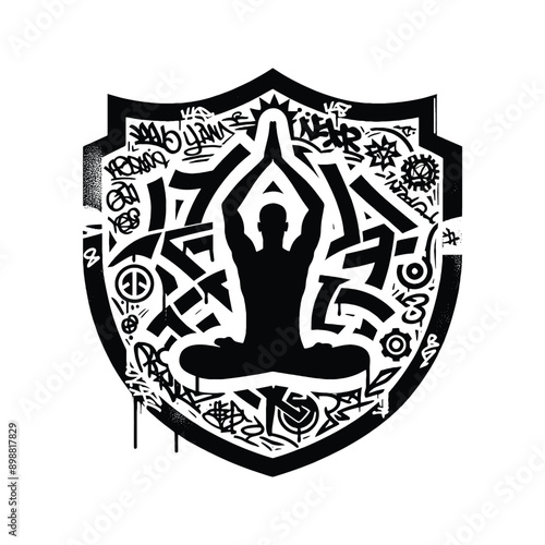 Meditation, yoga male player in graffiti tags, street art pattern illustration, emblem shield badge