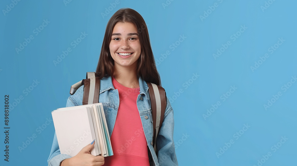 Obraz premium a smiling young female student holding a backpack and books against a blue background, looking at the camera in an isolated mockup for school or university advertising 