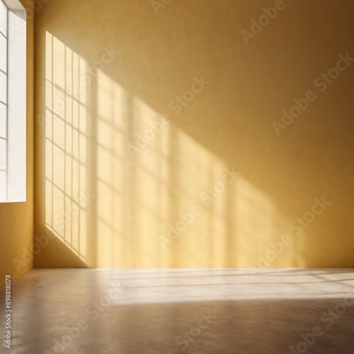 Yellow wall and large window. Sunlight is streaming through window, casting long shadows on wall. Room is bright and airy, with clean, minimalist feel. Background for interior or product display. AI