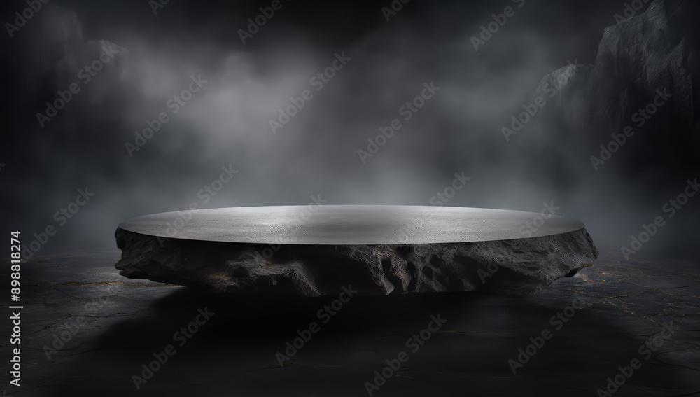 A stone table in the center of the scene, with a dark background of fog and light beams. A black stone platform for product presentation. A stone table in the center of the scene, with a dark background of fog and light beams. A black stone platform for product presentation.