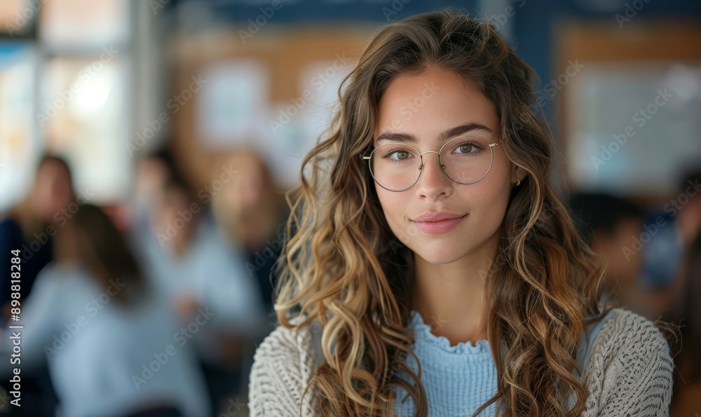 a photo portrait of a beautiful young female american school teacher standing in the classroom. students sitting and walking in the break. blurry background behind. Generative AI a photo portrait of a beautiful young female american school teacher standing in the classroom. students sitting and walking in the break. blurry background behind. Generative AI