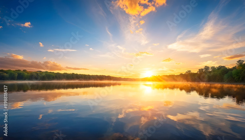 Tranquil Fall River Lake Scenery at Dusk with Golden Reflections in the Water and Refreshing Cool Air