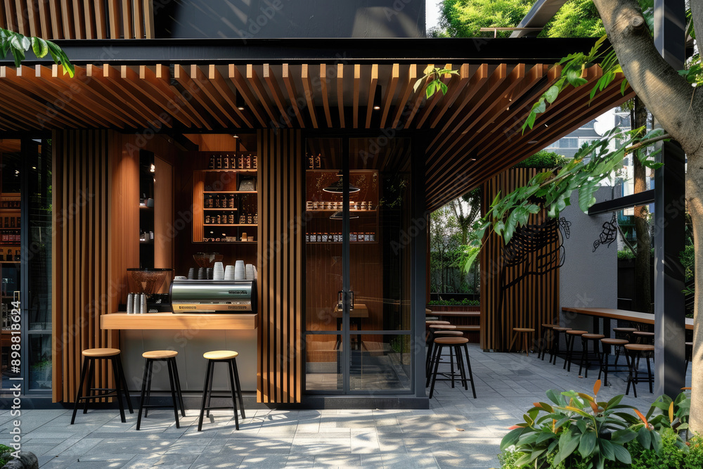Fototapeta premium Cafe with modern eyecatching exterior design inviting patrons for freshly brewed coffee