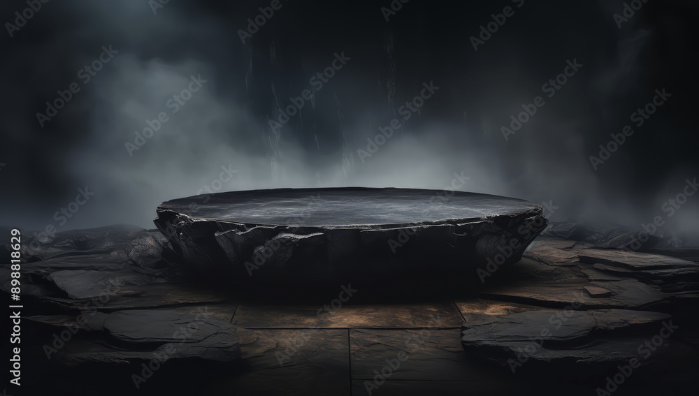 A stone table in the center of the scene, with a dark background of fog and light beams. A black stone platform for product presentation. A stone table in the center of the scene, with a dark background of fog and light beams. A black stone platform for product presentation.