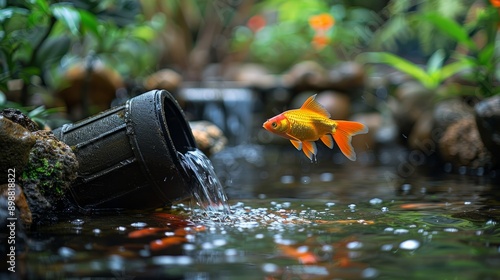 Diy water filter project for fishpond in a backyard garden photo