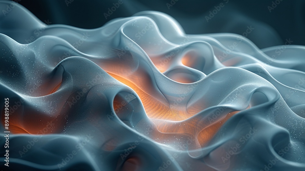 Obraz premium Abstract Fluid Waveforms with Orange and Blue Highlights, abstract background with smoke