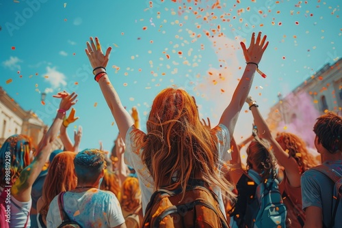 crowded group of young people dancing cheering and celebrating on a summer festival outside in the day time. laughig screaming and being happy and having fun. holi fest colorfull, Generative AI photo