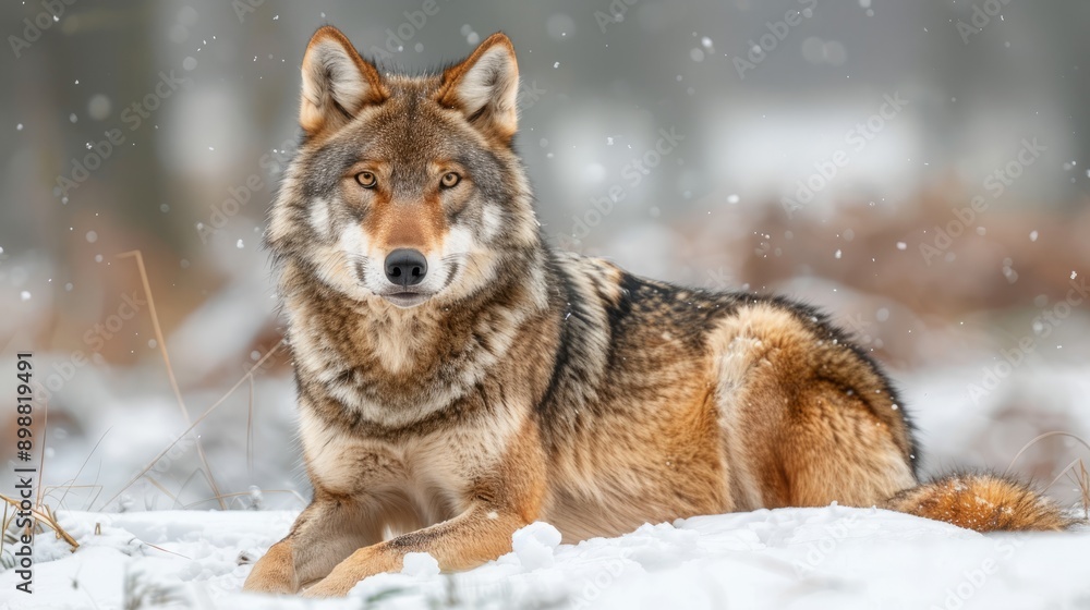Female wolf resting in fresh white snow during winter Female wolf resting in fresh white snow during winter