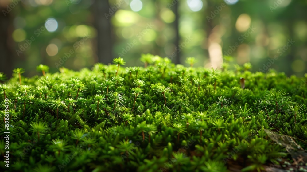 Lush green moss covering forest floor in a serene woodland setting Lush green moss covering forest floor in a serene woodland setting