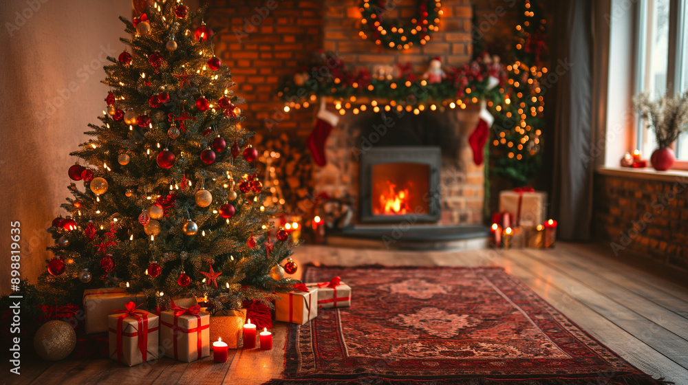 Christmas Tree with Decorations Near a Fireplace with Lights in living room , Beautiful Christmas gift boxes on floor near fir tree in room Christmas Tree with Decorations Near a Fireplace with Lights in living room , Beautiful Christmas gift boxes on floor near fir tree in room
