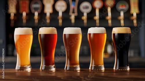 Six craft beers in a row, cozy bar interior, diverse beer styles from pale ale to stout, dimly lit ambiance, perfect for pubs and breweries, with copy space, high-resolution photo, hyper realistic