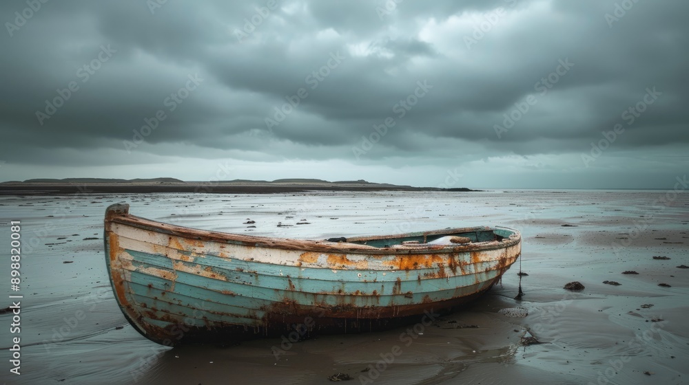 Deserted vessel stranded on isolated sandy shore under overcast sky Deserted vessel stranded on isolated sandy shore under overcast sky