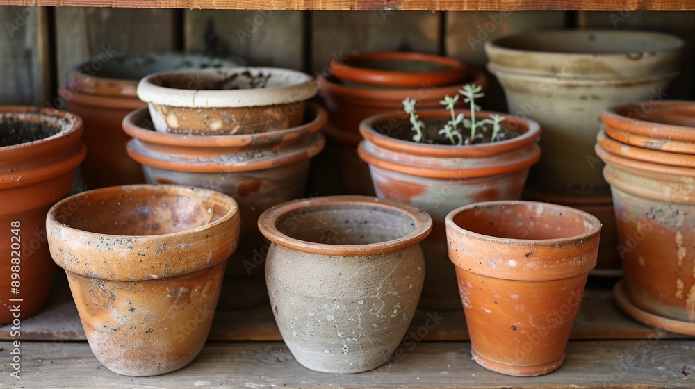Collection of terracotta pots for sale in rustic setting Collection of terracotta pots for sale in rustic setting