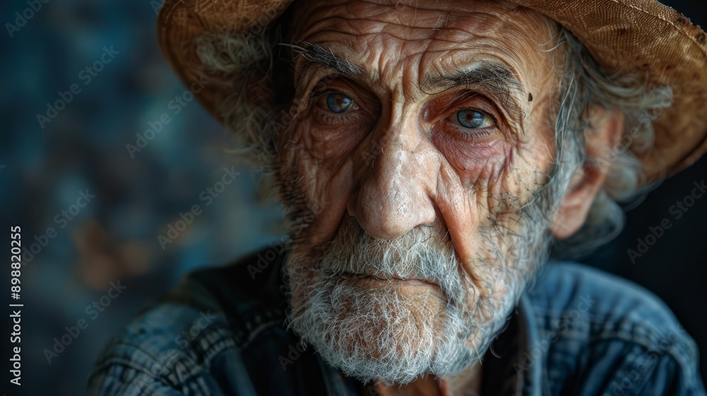 Elderly man in straw hat with intense eyes captured in soft natural light Elderly man in straw hat with intense eyes captured in soft natural light