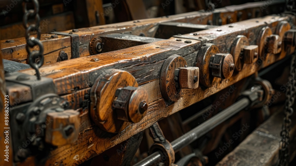 Antiquated wooden mechanism for lifting grain in historical mill workshop Antiquated wooden mechanism for lifting grain in historical mill workshop
