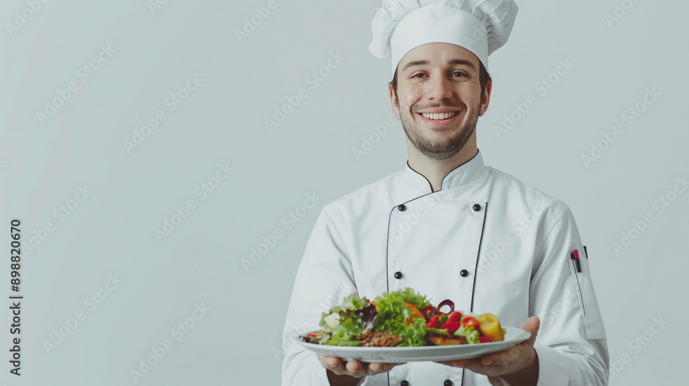 Portrait of a cheerful male chef holding a plate of food, smiling on a plain white background. Portrait of a cheerful male chef holding a plate of food, smiling on a plain white background.