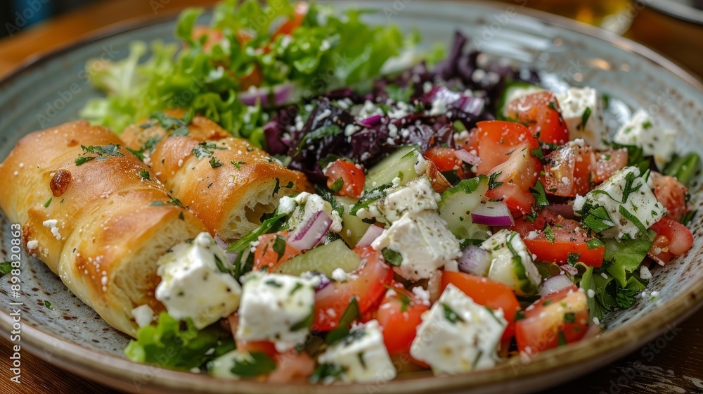 Fresh greek salad with chicken salad roll on a rustic plate Fresh greek salad with chicken salad roll on a rustic plate