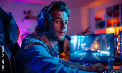 a handsome gamer guy gaming on his pc computer console with keyboard mouse and headphones in front of multiple monitor. sitting on a chair in his gaming room with rgb led lights. Generative AI