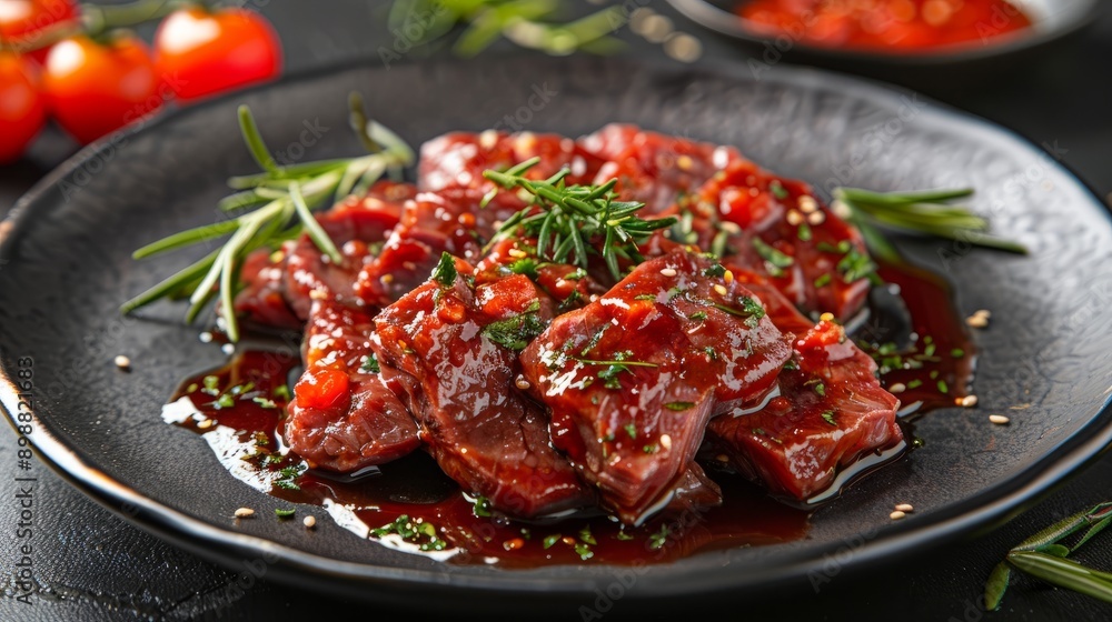 Sauce drenched raw meat with fresh herbs on a dark plate Sauce drenched raw meat with fresh herbs on a dark plate