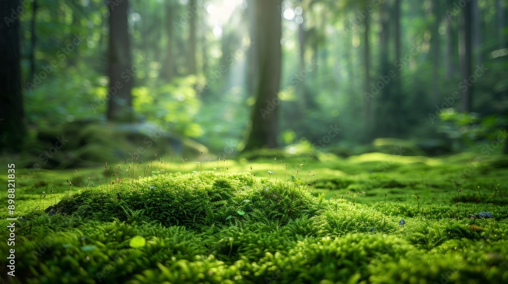 Fototapeta premium Lush green moss blankets forest floor during tranquil morning light